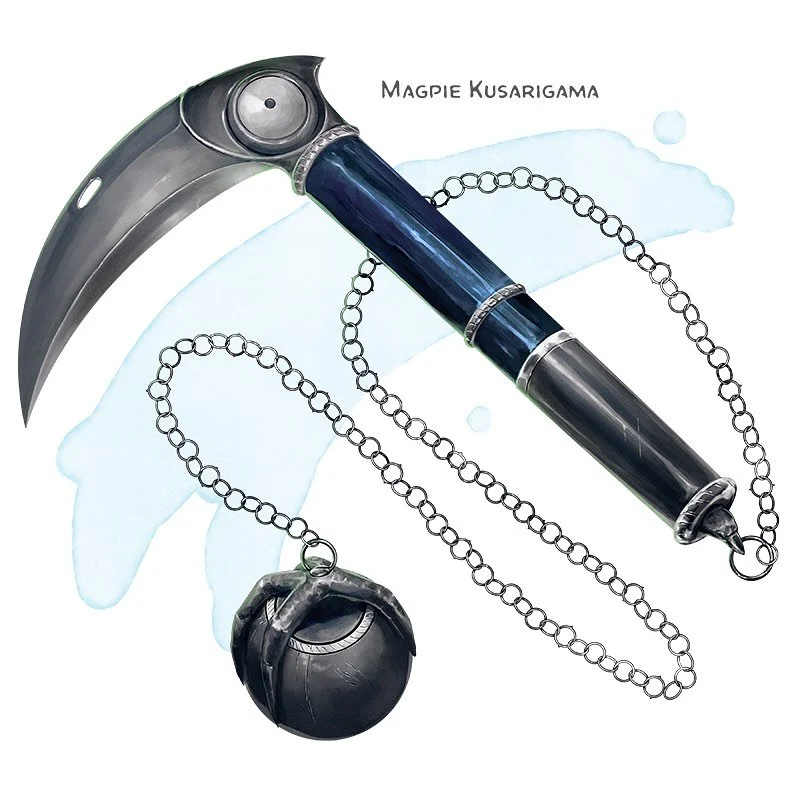 ⚔️ 𝗡𝗲𝘄 𝗶𝘁𝗲𝗺!
Magpie Kusarigama Weapon (sickle), rare
___

This sickle features magpie motifs, resembling its beak, coloration, and talons. Connected to the base of the sickle is a metal ball at the end of a chain, allowing it to be swung at a 