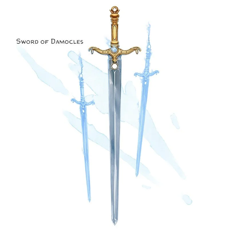 ⚔️ 𝗡𝗲𝘄 𝗶𝘁𝗲𝗺!
Sword of Damocles Weapon (longsword), legendary (requires attunement by a creature of lawful alignment)
___

This regal sword&rsquo;s guard and handle are designed in the likeness of a judge&rsquo;s scale. You gain a +3 bonus to a