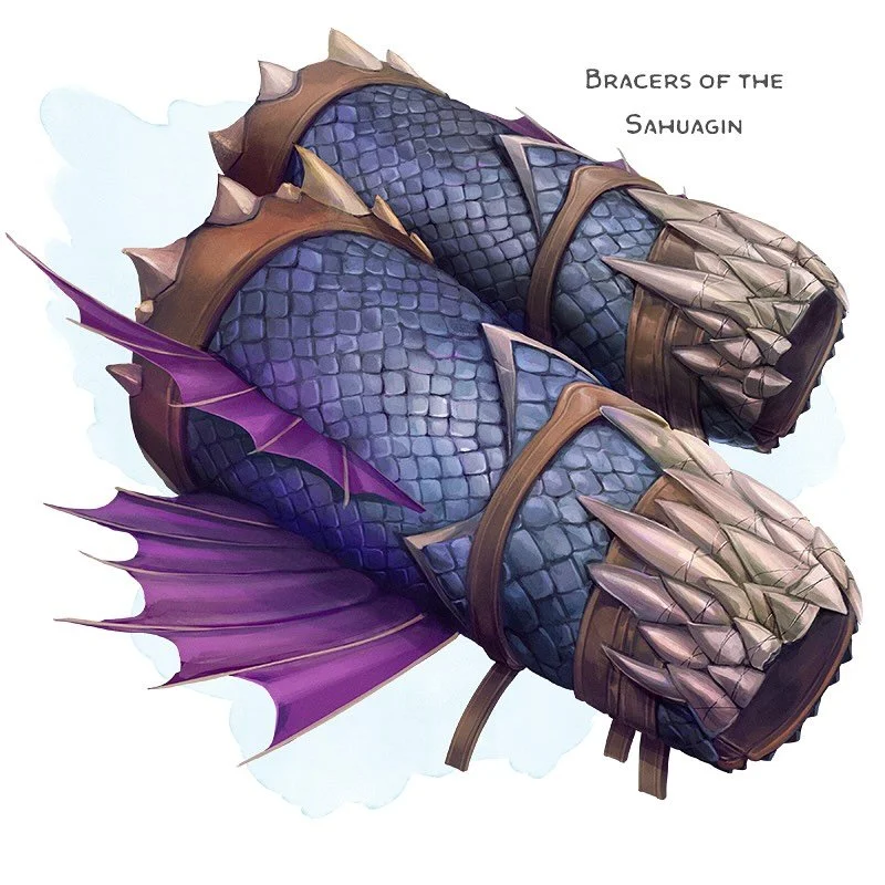 💎 𝗡𝗲𝘄 𝗶𝘁𝗲𝗺!
Bracers of the Sahuagin Wondrous item, rare
___

These bracers carry a portion of a sahuagin priest&rsquo;s lingering magic. You gain the following benefits while wearing them.

𝙎𝙥𝙚𝙡𝙡𝙨.&nbsp;You can use an action to cast eit