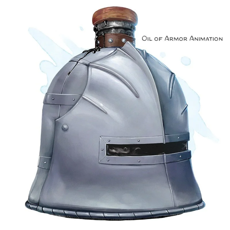 🧪 𝗡𝗲𝘄 𝗶𝘁𝗲𝗺!
Oil of Armor Animation Potion, rare
___

You can spend 1 minute applying this oil to a full suit of plate armor. When you do, the armor animates and is under your control, using the statistics for an animated armor. The armor foll