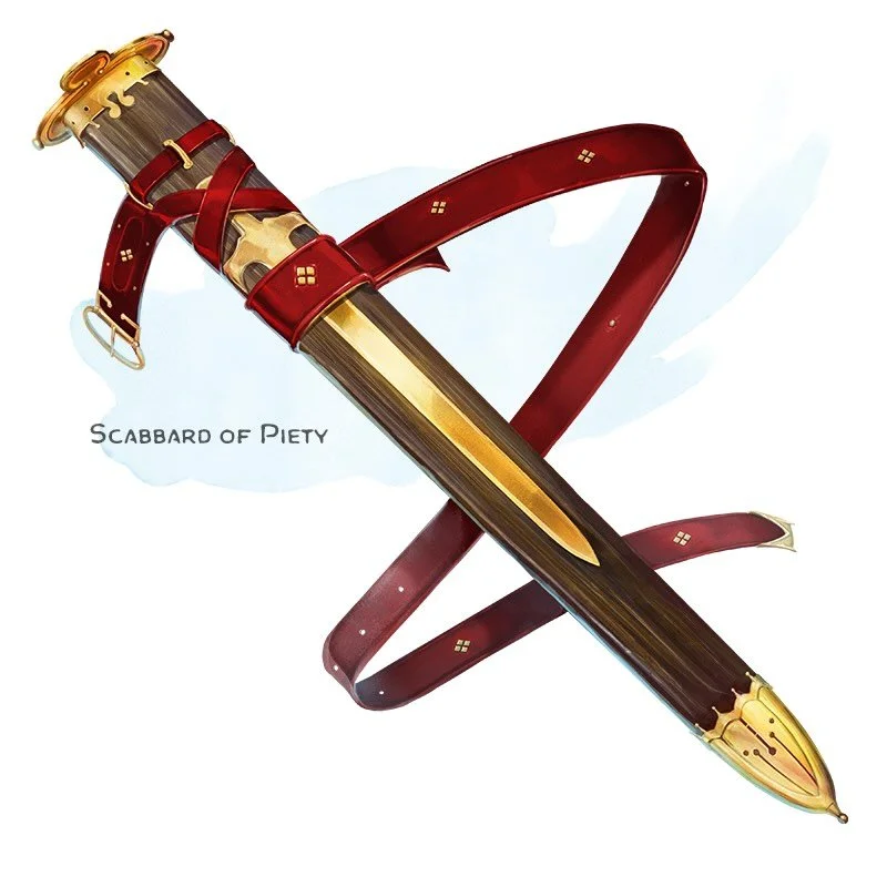 💎 𝗡𝗲𝘄 𝗶𝘁𝗲𝗺!
Scabbard of Piety Wondrous item, uncommon
___

While you&rsquo;re wearing this scabbard and have a weapon sheathed in it, you gain a +1 bonus to any Intelligence (Religion) check you make if you aren&rsquo;t holding any weapons. F