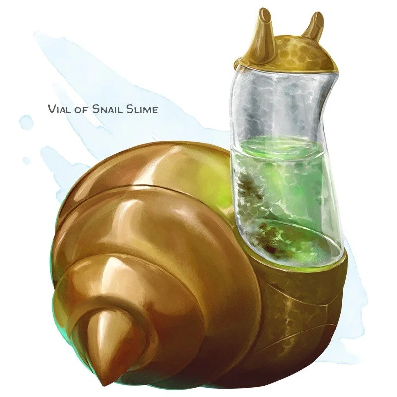 💎 𝗡𝗲𝘄 𝗶𝘁𝗲𝗺!
Vial of Snail Slime Wondrous item, common
___

This vial of snail slime has enough slime inside for 1d6 + 4 applications. As an action, you can apply the slime to a willing creature&rsquo;s hands and feet to make them sticky, redu