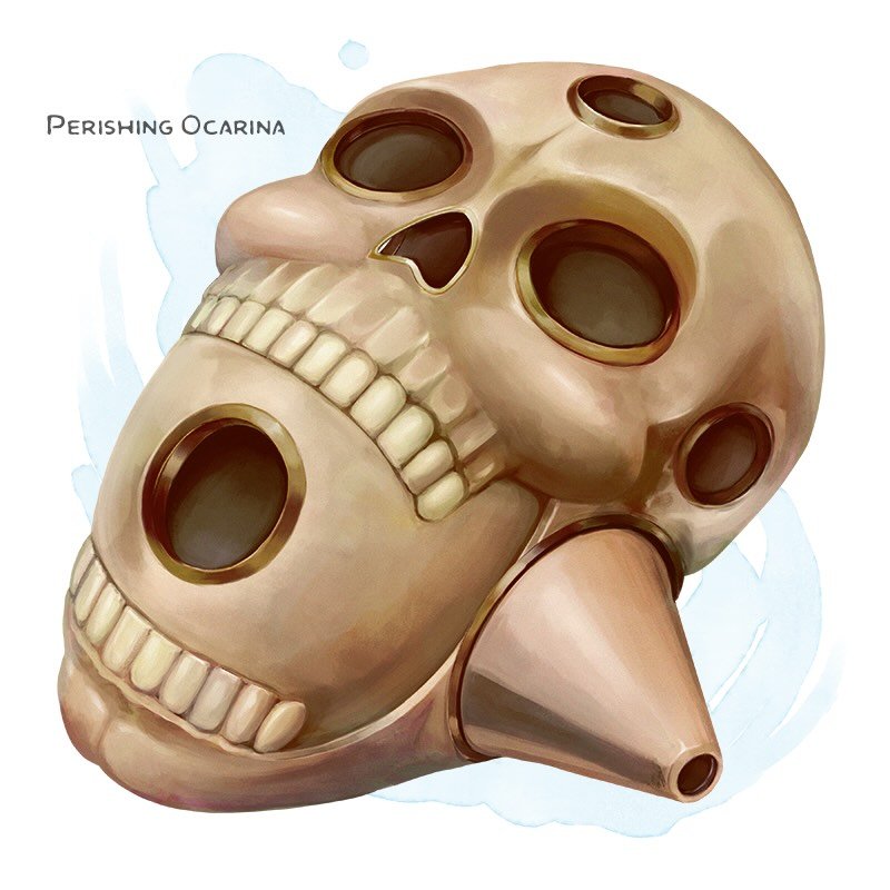 💎 𝗡𝗲𝘄 𝗶𝘁𝗲𝗺!
Perishing Ocarina Wondrous item, very rare (requires attunement)
___

This bone ocarina is carved in the shape of a skull and has playable holes that correspond to different body parts. The sound it makes is soft but haunting. You
