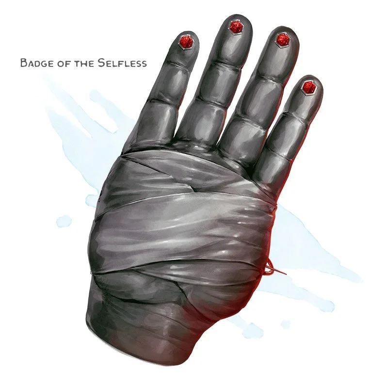 💎 𝗡𝗲𝘄 𝗶𝘁𝗲𝗺!
Badge of the Selfless Wondrous item, rare (requires attunement)
___

This silver badge of a four-fingered hand represents the story of the selfless medic, a patron saint of field doctors among humankind. Even if you&rsquo;re not a