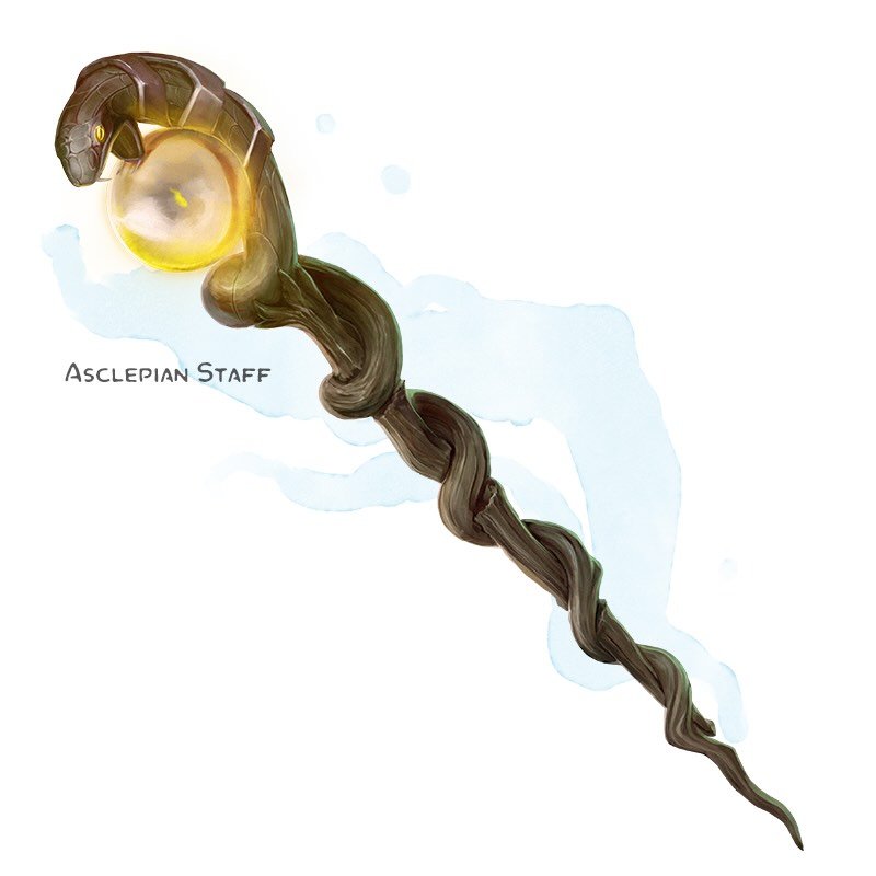 💎 𝗡𝗲𝘄 𝗶𝘁𝗲𝗺!
Asclepian Staff Staff, legendary (requires attunement by a bard, cleric, druid, paladin, or ranger)
___

This wooden staff cradles a translucent orb at its top. While attuned to this staff, you have proficiency in the Medicine ski