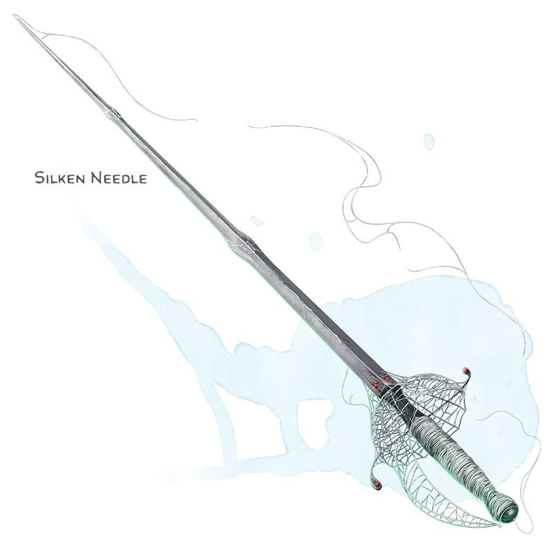 ⚔️ 𝗡𝗲𝘄 𝗶𝘁𝗲𝗺!
Silken Needle Weapon (rapier or shortsword), very rare (requires attunement)
___

This weapon&rsquo;s handle and guard are made of magical, hardened spider silk. You gain a +2 bonus to attack and damage rolls made with this magic 