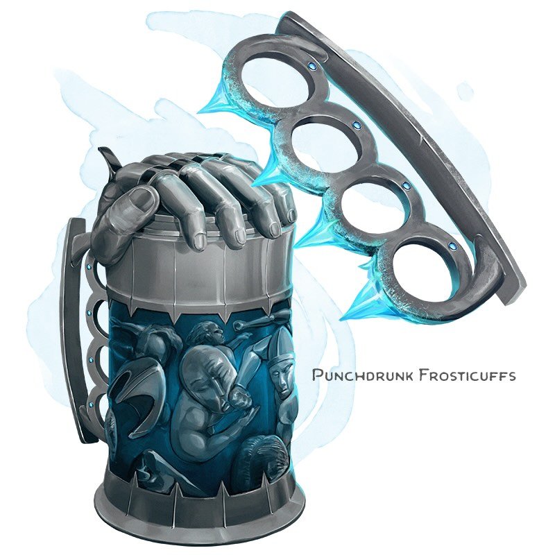 💎 𝗡𝗲𝘄 𝗶𝘁𝗲𝗺!
Punchdrunk Frosticuffs Wondrous item, uncommon
___

This pair of brass knuckles is embedded with small, icy gemstones, which spark with blue light. While wielding the knuckles, you can use an action to speak their command word to 