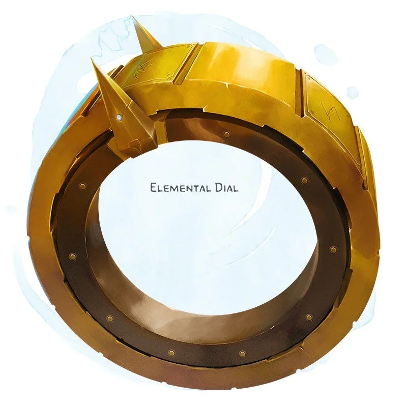 💍 𝗡𝗲𝘄 𝗶𝘁𝗲𝗺!
Elemental Dial Ring, rare (requires attunement)
___

This brass ring features a complex series of contained gears within its casing, allowing its outer shell to spin around an inner mechanism. The outer shell has six runes on it, 