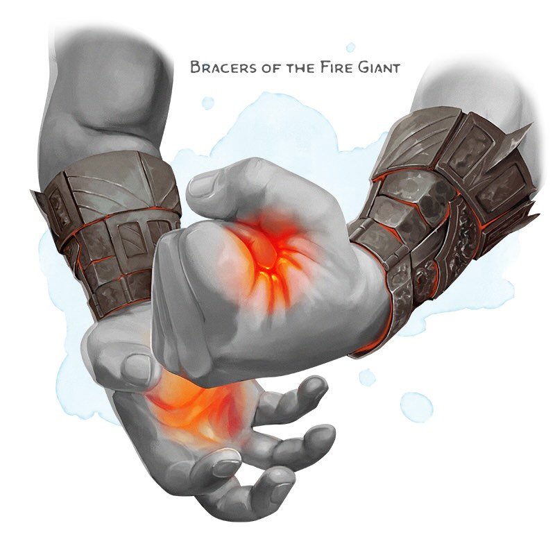 💎 𝗡𝗲𝘄 𝗶𝘁𝗲𝗺!
Bracers of the Fire Giant Wondrous item, very rare (requires attunement)
___

This pair of bracers are always warm to the touch. While wearing them, you have resistance to fire damage.

𝙎𝙘𝙤𝙧𝙘𝙝𝙞𝙣𝙜 𝙂𝙞𝙖𝙣𝙩.&nbsp;You can 