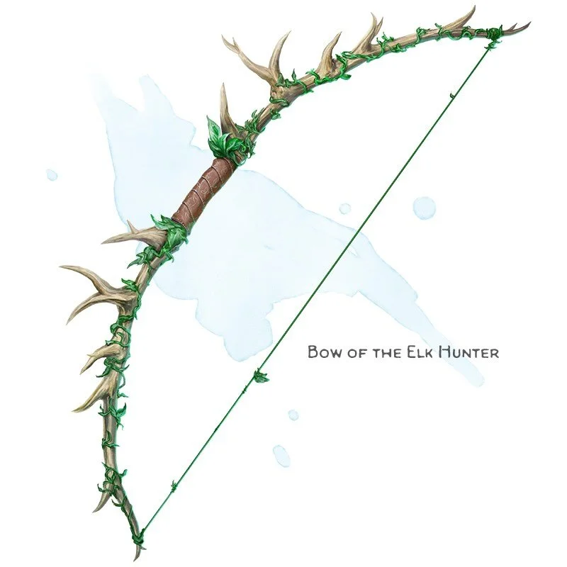 ⚔️ 𝗡𝗲𝘄 𝗶𝘁𝗲𝗺!
Bow of the Elk Hunter Weapon (any bow), rare (requires attunement)
___

This bow looks like an elongated pair of elk horns in a tangle of vines, though it remains remarkably pliable. You gain a +1 bonus to attack rolls made using 