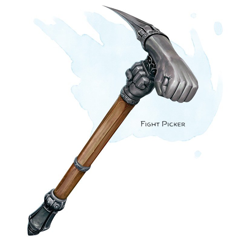 ⚔️ 𝗡𝗲𝘄 𝗶𝘁𝗲𝗺!
Fight Picker Weapon (war pick), rare (requires attunement)
___

This war pick features a thrown punch as its hammer-ended side. You gain a +1 bonus to attack and damage rolls made with this magic weapon. While holding this weapon,