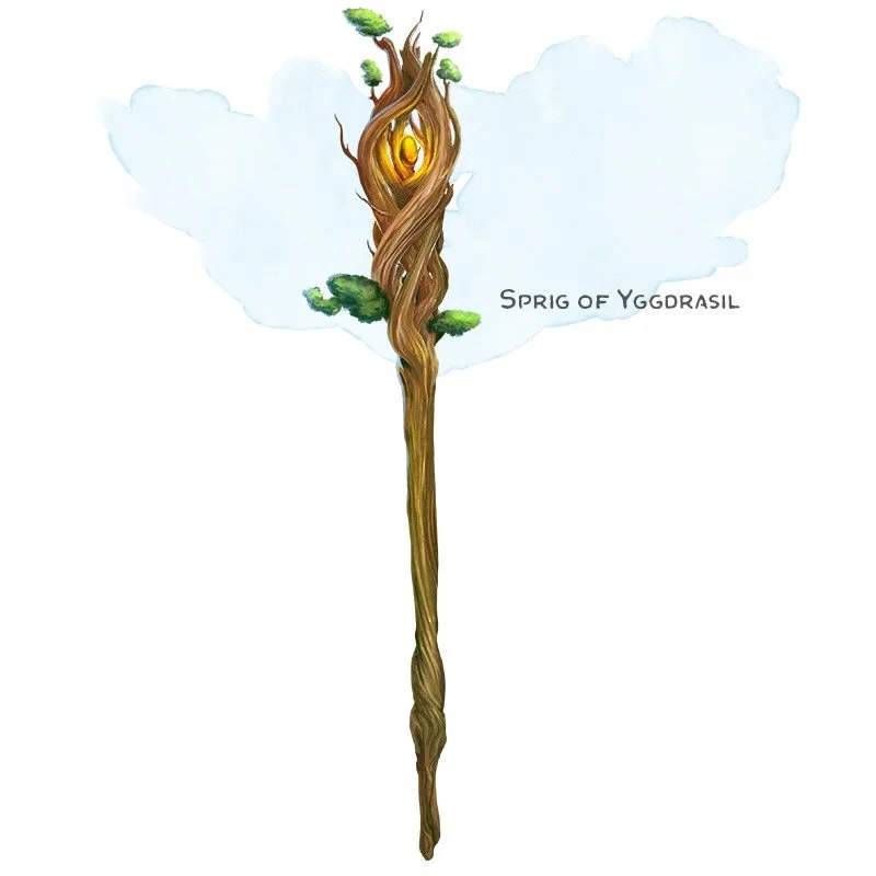 💎 𝗡𝗲𝘄 𝗶𝘁𝗲𝗺!
Sprig of Yggdrasil Rod, legendary (requires attunement by a cleric or druid)
___

The top of this wooden rod cradles a floating droplet of amber at its center. The rod itself is a splinter of the great world tree, Yggdrasil. While