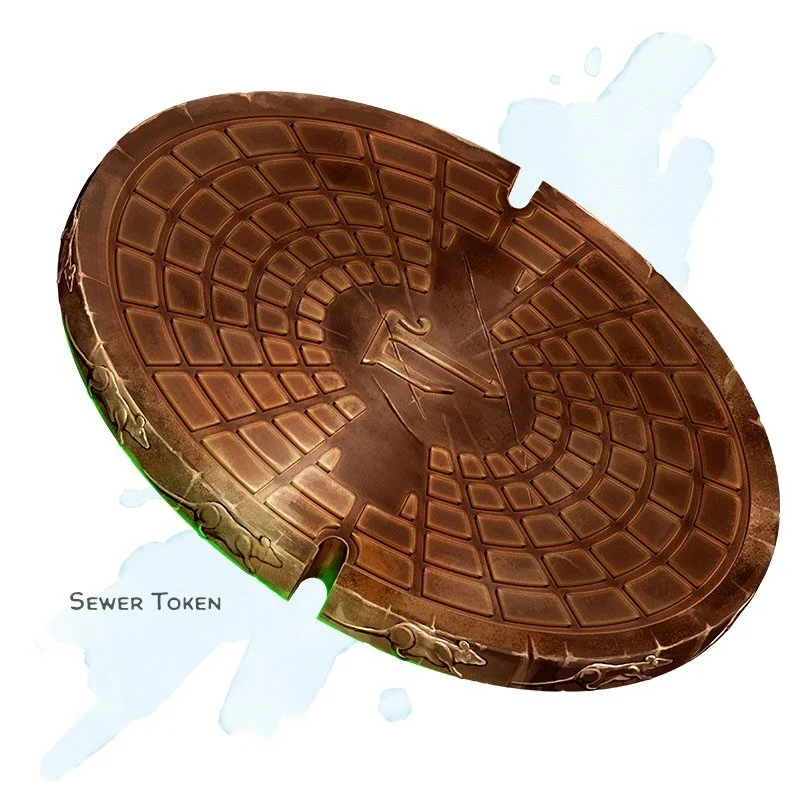 💎 𝗡𝗲𝘄 𝗶𝘁𝗲𝗺!
Sewer Token Wondrous item, rare
___

This copper coin is embossed with rats walking around its edge. On either side is a matching radial pattern. You can use an action to speak the coin&rsquo;s command word and toss it onto the gr