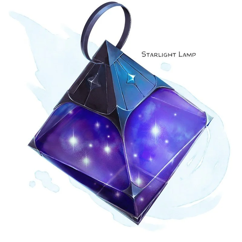 💎 𝗡𝗲𝘄 𝗶𝘁𝗲𝗺!
Starlight Lamp Wondrous item, common
___

This glass lamp is inky and dark inside. When left outside after dusk, a number of glimmering stars appear within the lamp. The number of stars is equal to the number of hours the lamp was