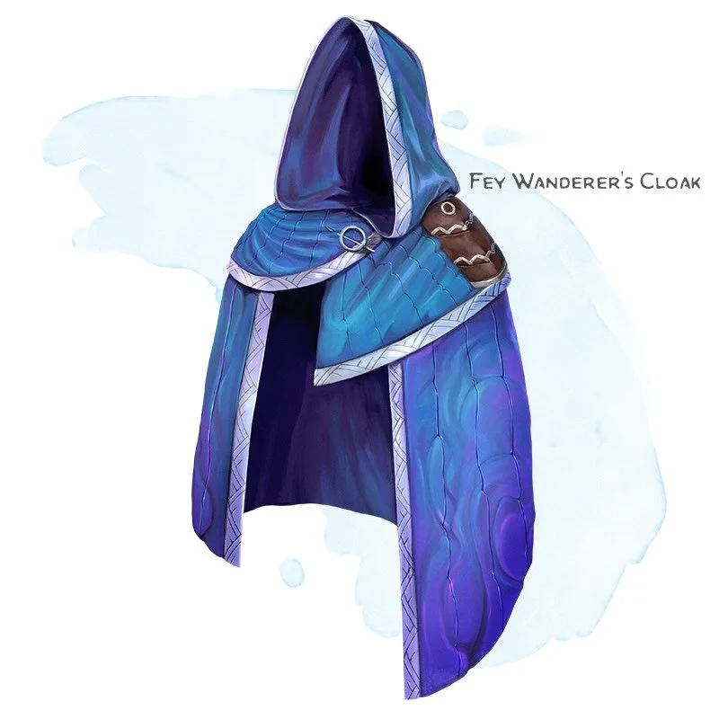 💎 𝗡𝗲𝘄 𝗶𝘁𝗲𝗺!
Fey Wanderer&rsquo;s Cloak Wondrous item, rare (requires attunement)
___

&nbsp;Planar energy from the Feywild has imbued this cloak with latent trans-dimensional magic. While wearing it, you can magically sense the direction to a