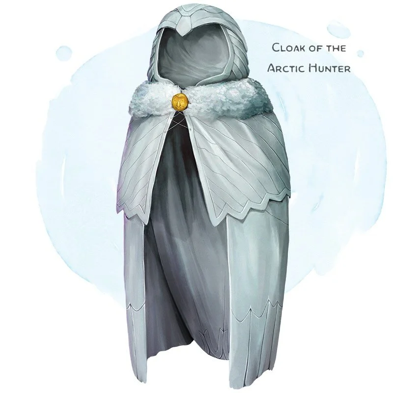 💎 𝗡𝗲𝘄 𝗶𝘁𝗲𝗺!
Cloak of the Arctic Hunter Wondrous item, very rare (requires attunement)
___

This silvery cloak resembles a snowy owl. While wearing it, you have resistance to cold damage, and armor you&rsquo;re wearing doesn&rsquo;t impose dis