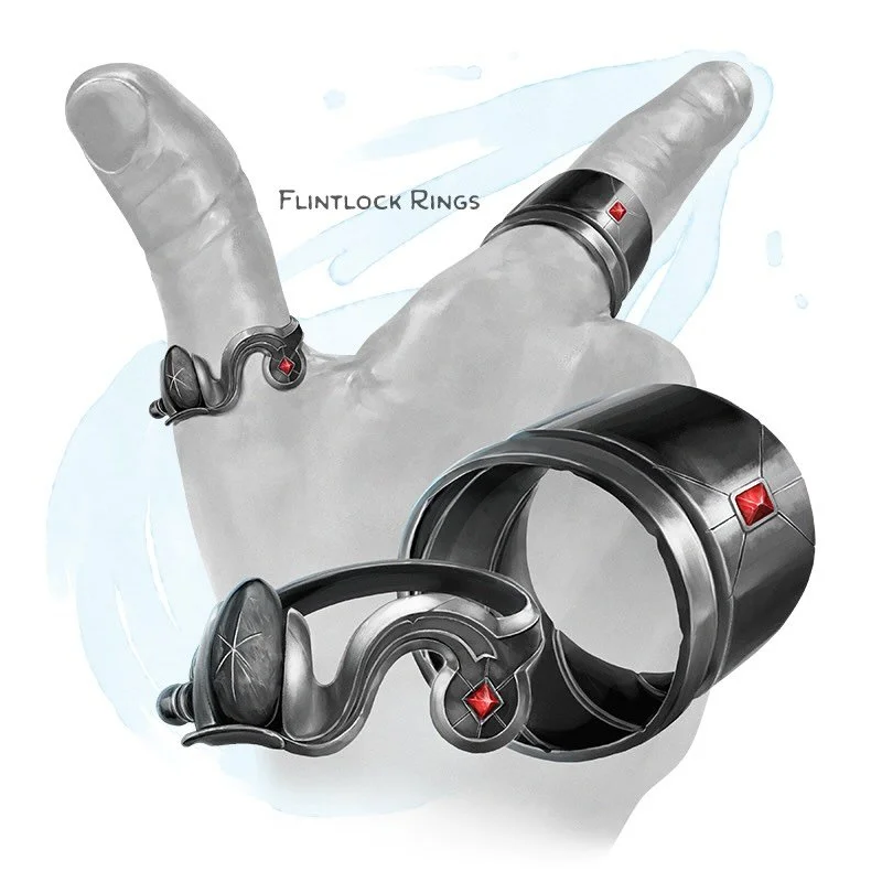 💍 𝗡𝗲𝘄 𝗶𝘁𝗲𝗺!
Flintlock Rings Ring, uncommon
___

While wearing these rings on your matching thumb and forefinger, you can extend them to make a gesture of a pistol. Once per turn when you take the Attack action, you can replace one of your att