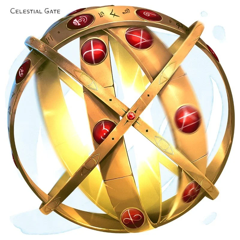 💎 𝗡𝗲𝘄 𝗶𝘁𝗲𝗺!
Celestial Gate Wondrous item, legendary
___

This armillary sphere is about 6 inches in diameter and features a unique glyph of each plane of existence. When left unattended, the rings slowly revolve and spin on their own. Over th