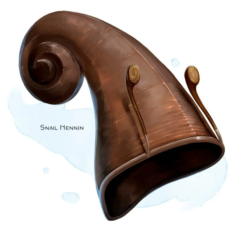 💎 𝗡𝗲𝘄 𝗶𝘁𝗲𝗺!
Snail Hennin Wondrous item, rare (requires attunement by a spellcaster)
___

This curled leather hat rests securely atop your head, as if held in place by a magically viscous force. It has 3 charges and regains 1d3 expended charge