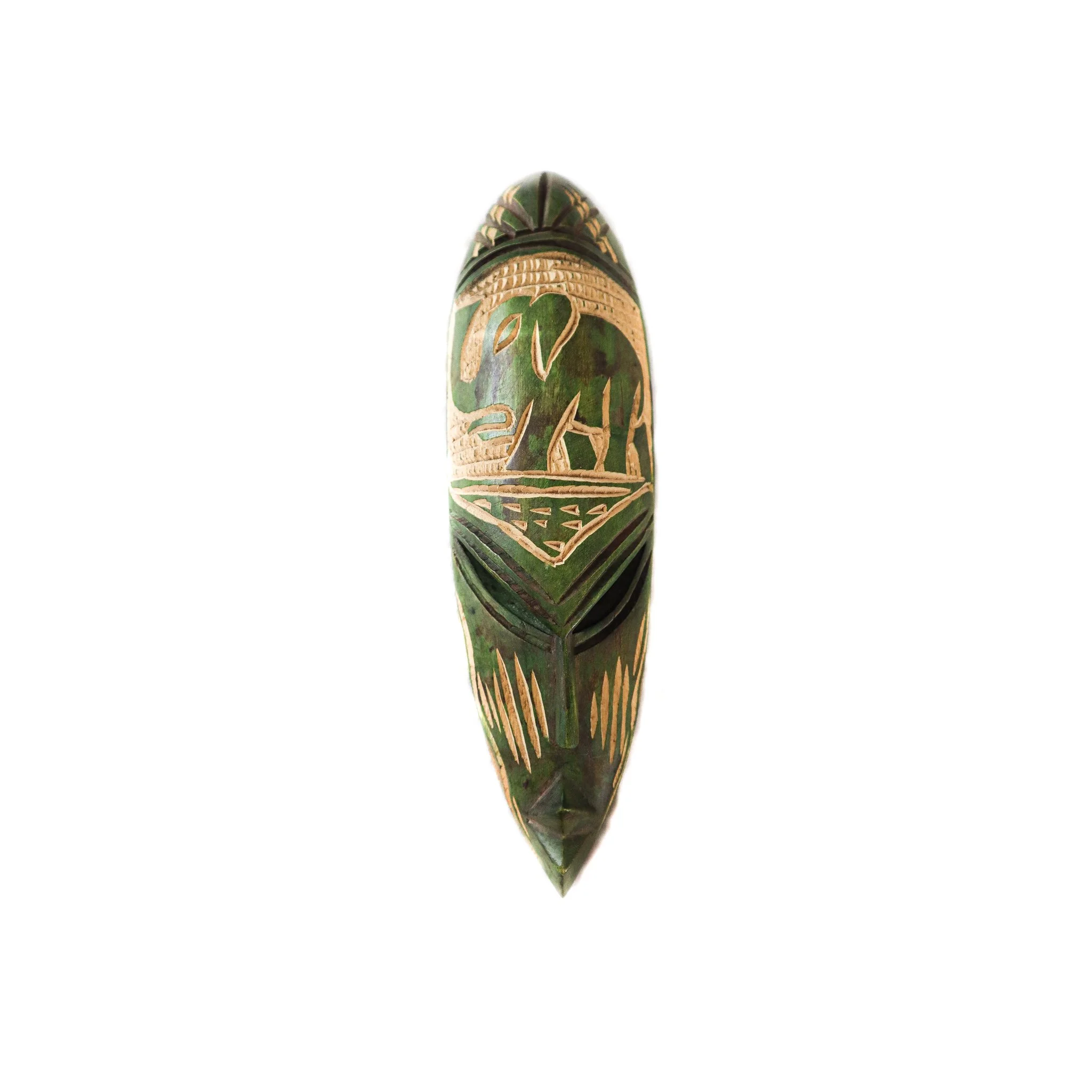 Hand Carved African Wall Mask  - Green Elephant
