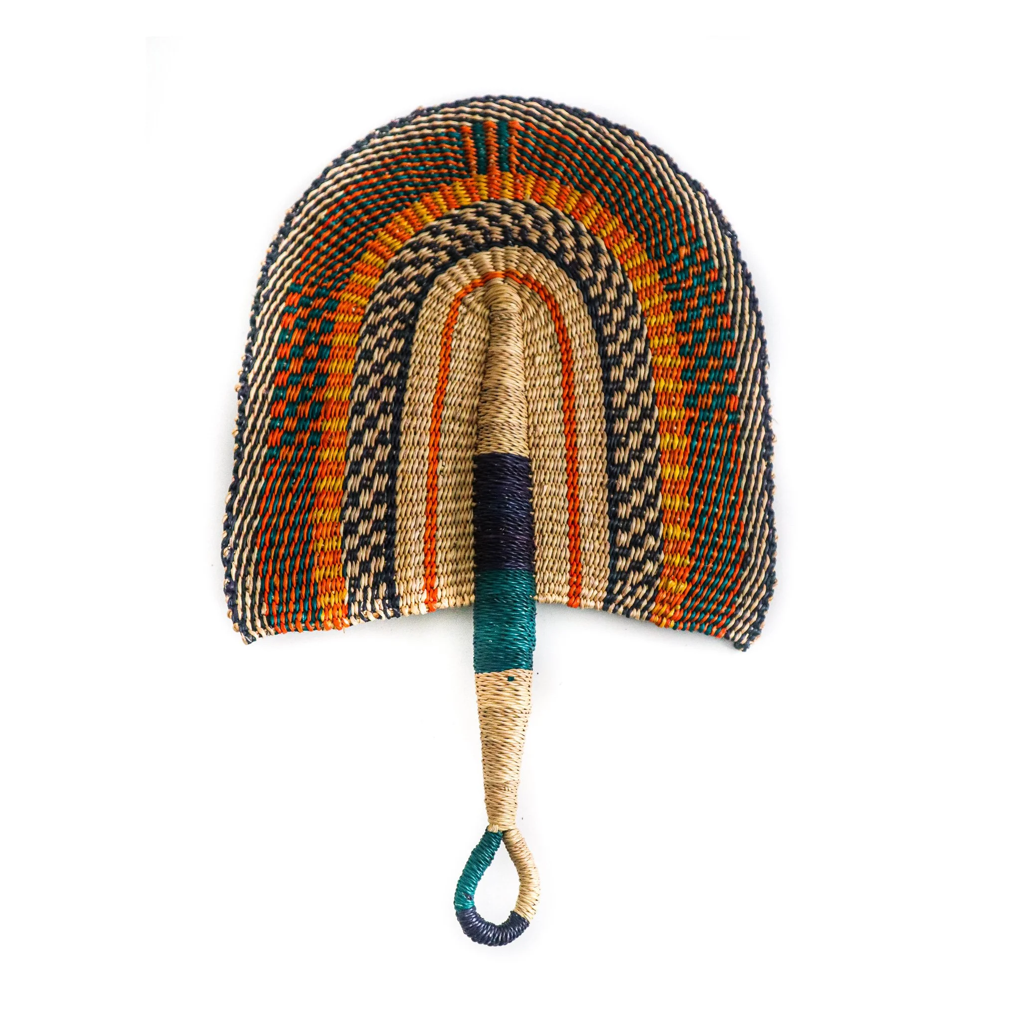 Handwoven Bolga Fan - Orange Green  Pattern
