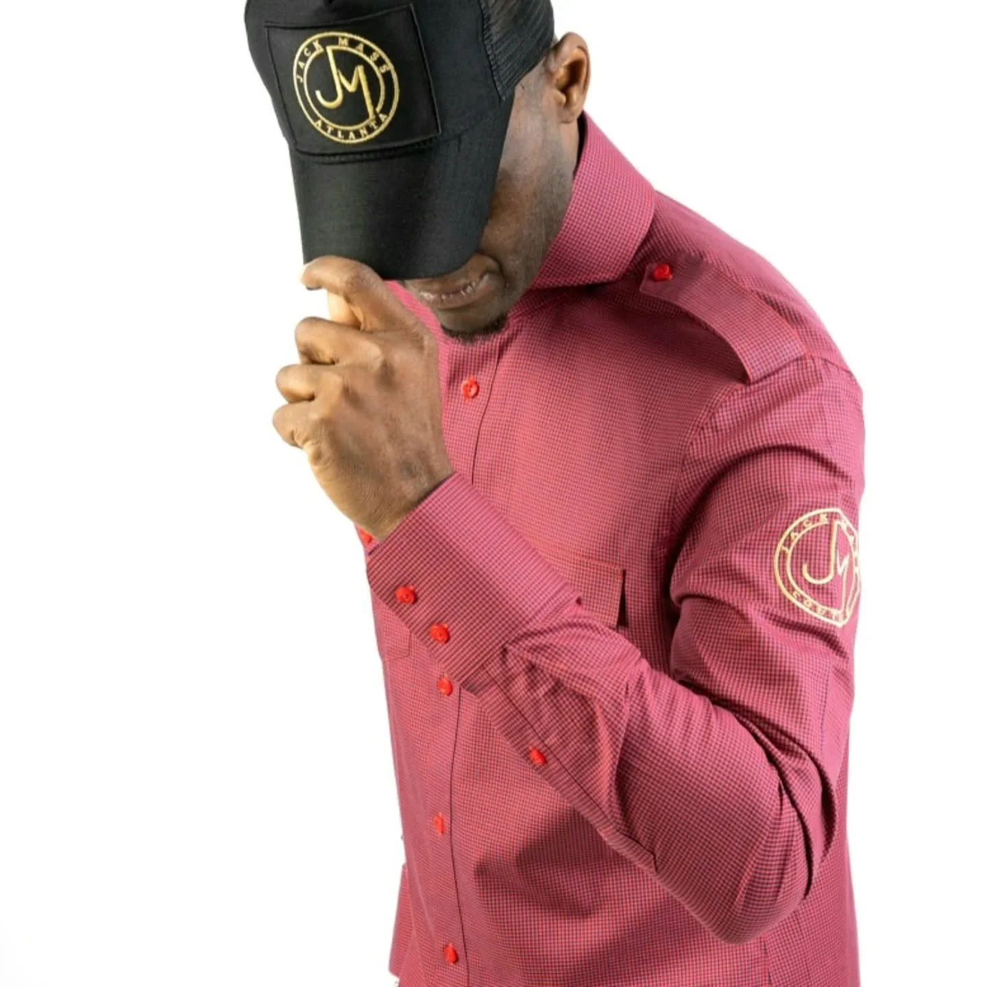 Red military style shirt &amp; black trucker hat by JMC