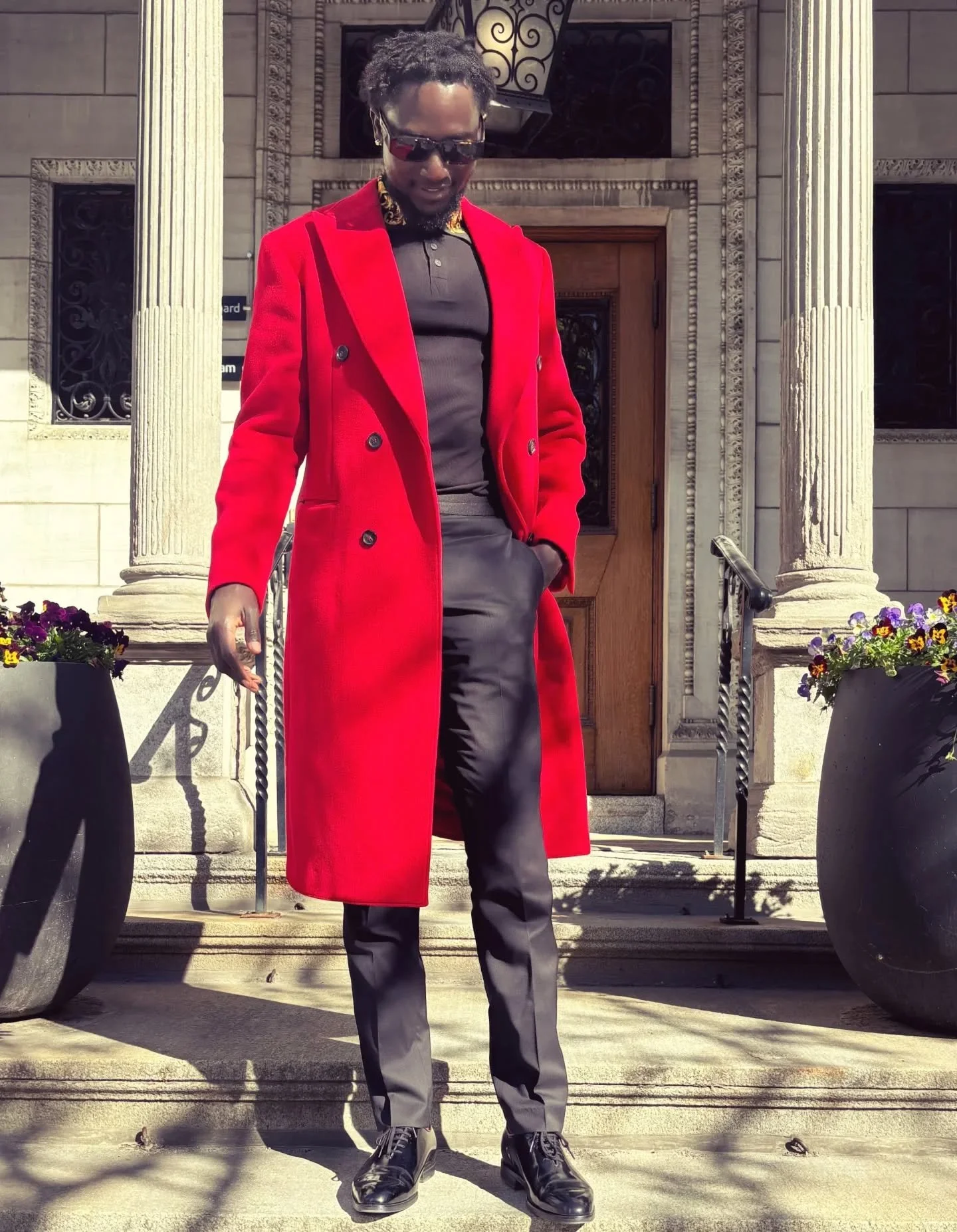 Red double breasted overcoat by Jack Mass Couture