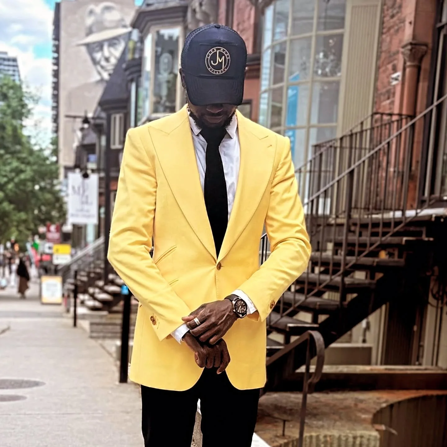 Black and gold trucker hat &amp; yellow single breated blazer by JMC