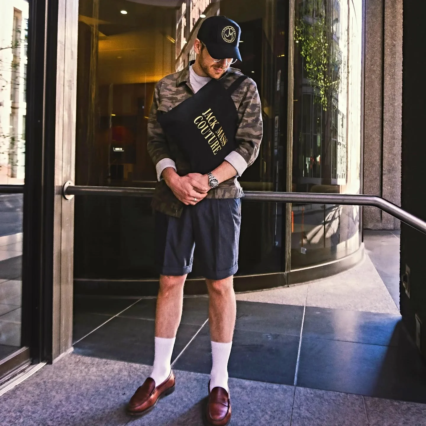 Black trucker hat, camo jacket &amp; tote bag by JMC