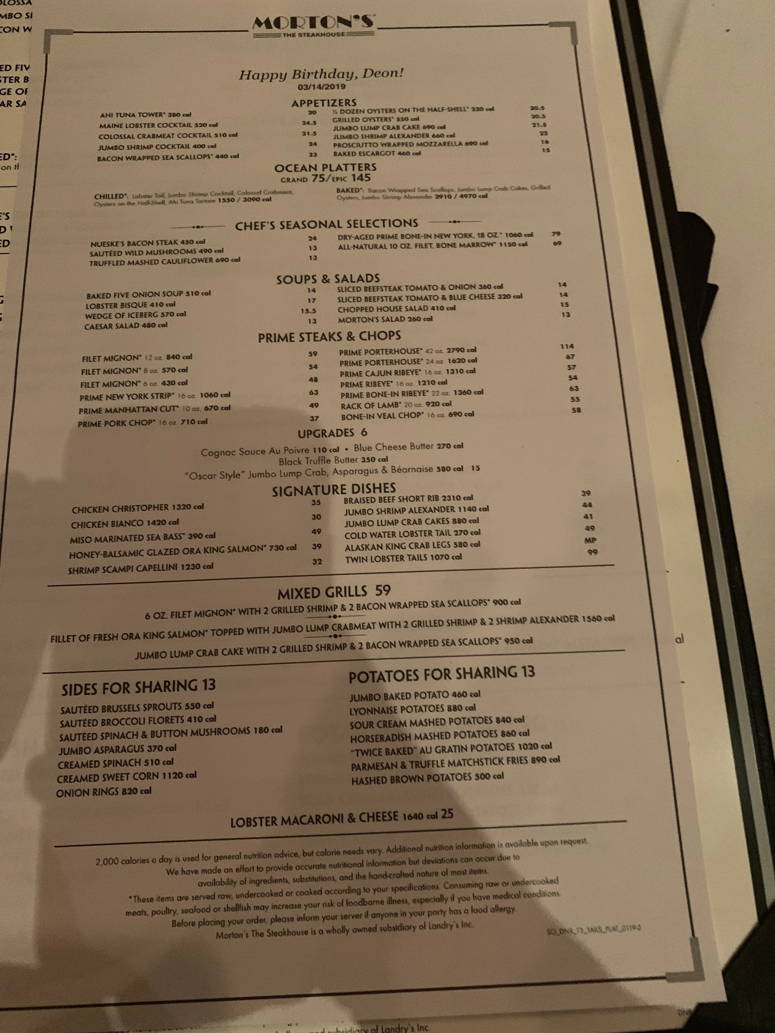 Morton’s : Special menu