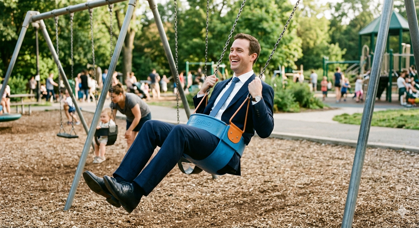 businessman in an oversized baby swing
