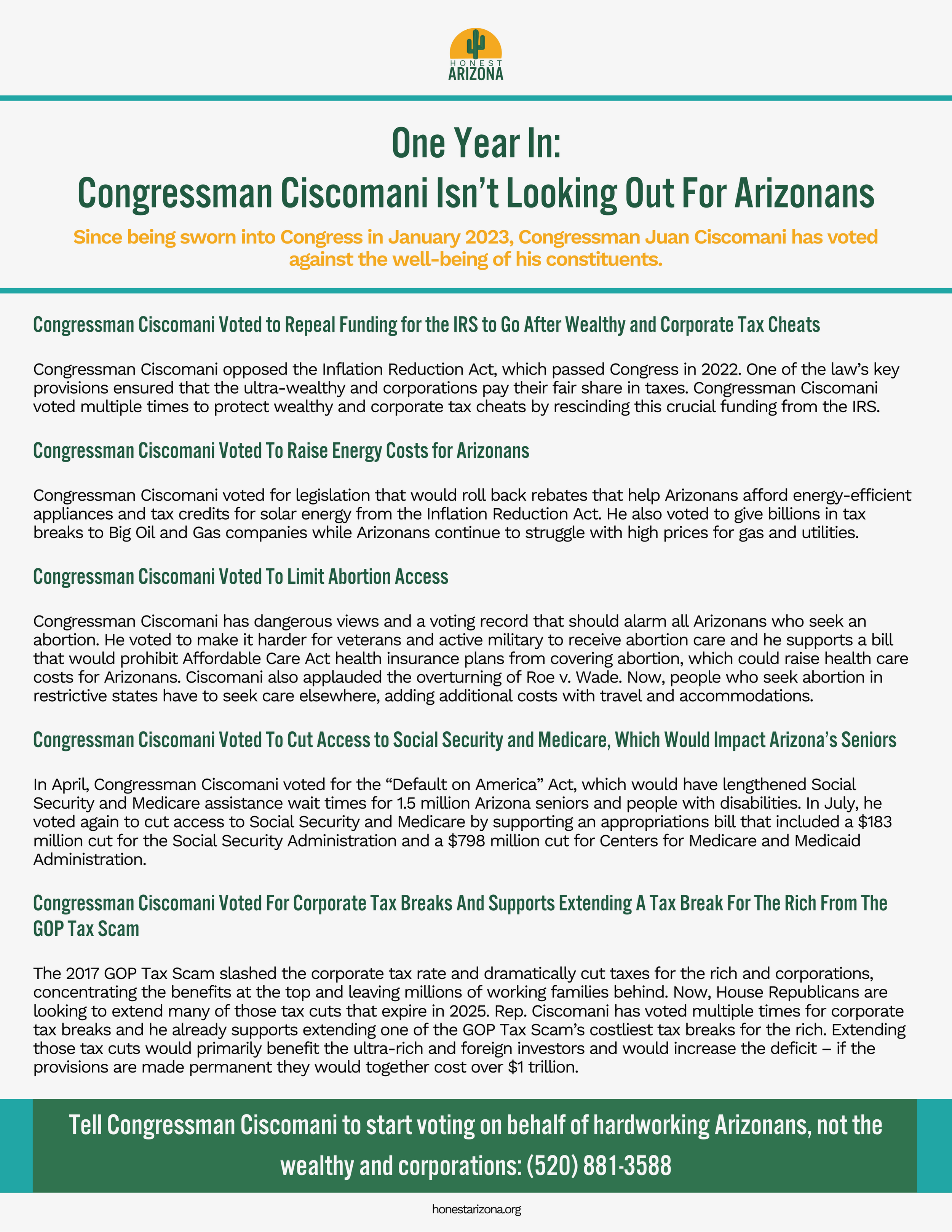 One Year In: Congressman Ciscomani Isn't Looking Out For Arizonas