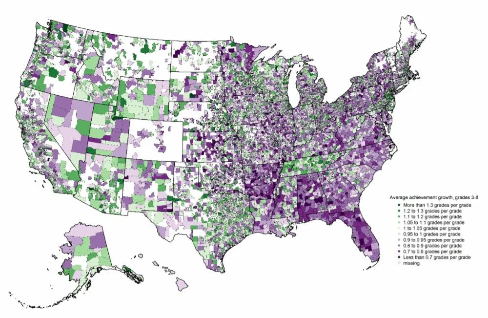 Note: Darkest green areas showed greatest growth, while darkest purple areas showed the least growth. Source: CEPA Working Paper No. 17-12 . Data Source: Stanford Education Data Archive (Reardon et al. 2017a), page 37.