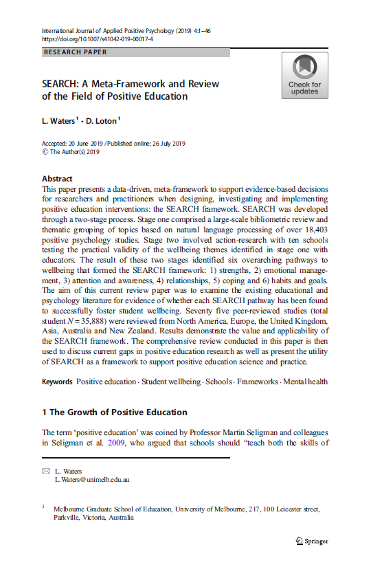 SEARCH: A meta-framework and review of the field of positive education