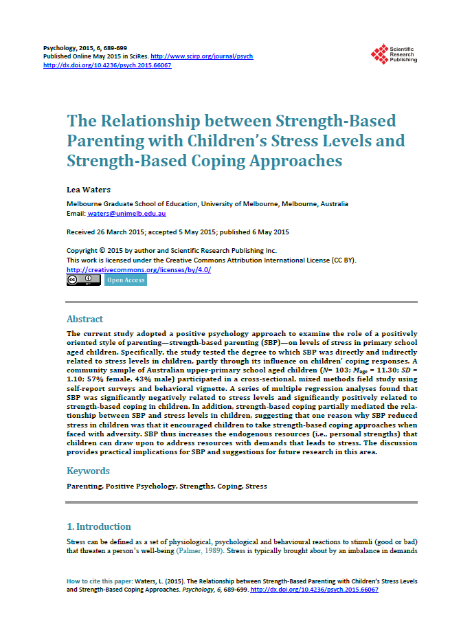 The relationship between strength-based parenting with children’s stress levels and strength-based coping approaches