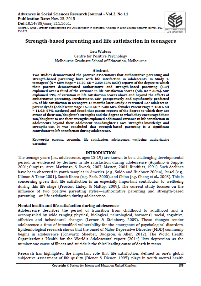 Strength-based parenting and life satisfaction in teenagers