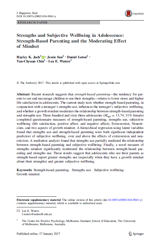 Strengths and subjective wellbeing in adolescence: Strength-based parenting and the moderating effect of mindset