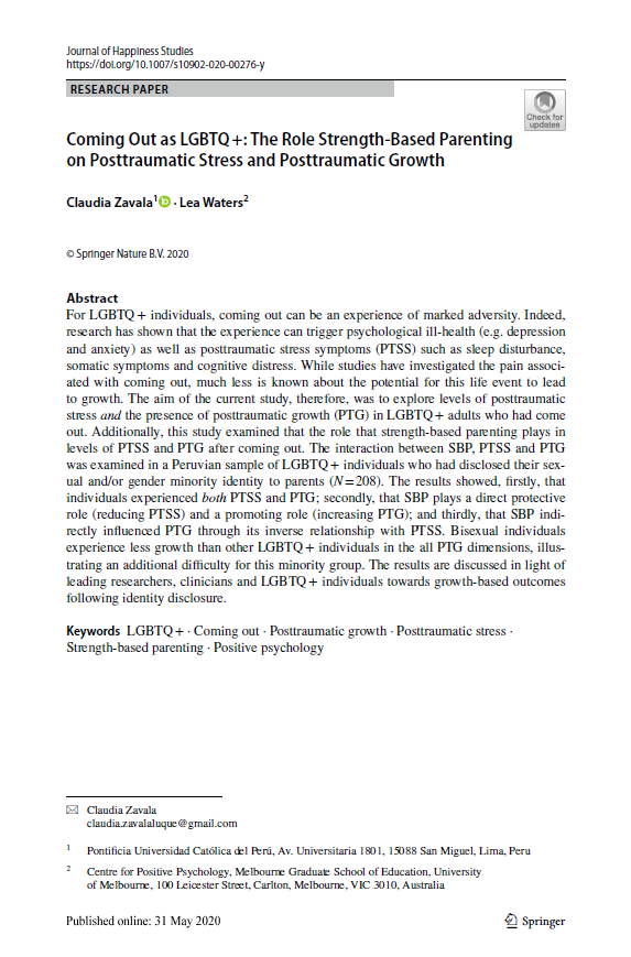 Coming out as LGBTQ +: The role strength‑based parenting on posttraumatic stress and posttraumatic growth