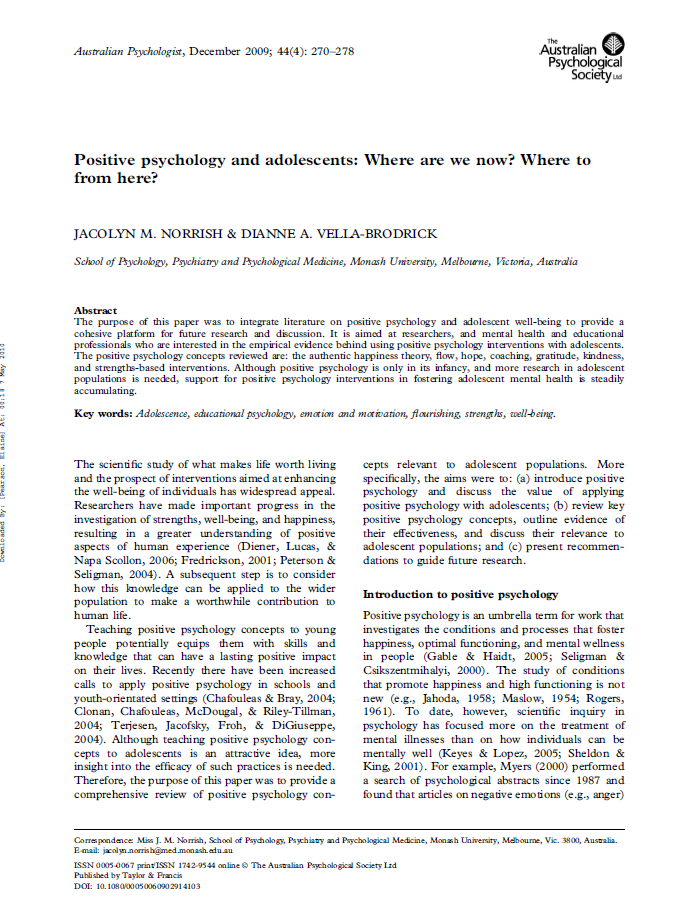 Positive psychology and adolescents: Where are we now? Where to from here?