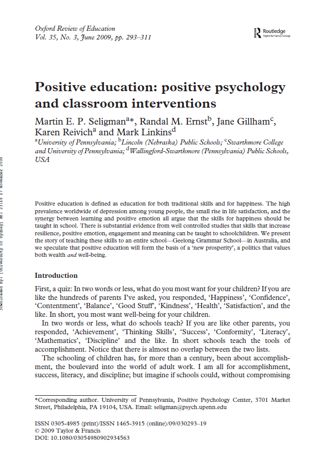 Positive education: Positive psychology and classroom interventions