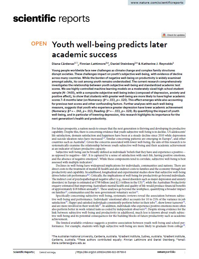 Youth well-being predicts later academic success