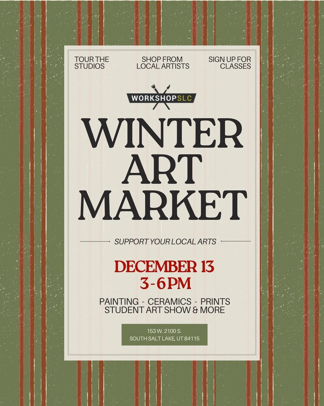 Save the date! Our annual Winter Art Market returns on Friday, December 13, from 3&ndash;6 pm. The studio will be filled with talented local artists selling paintings, ceramics, prints, and more. It&rsquo;s the perfect way to support your creative co