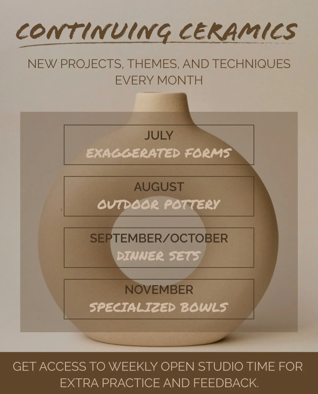 Introducing Continuing Ceramics: your new creative home for all things pottery. Each month, you&rsquo;ll be guided through new projects and techniques, all while creating a body of work you&rsquo;ll be proud to take home.

You&rsquo;ll also get free 