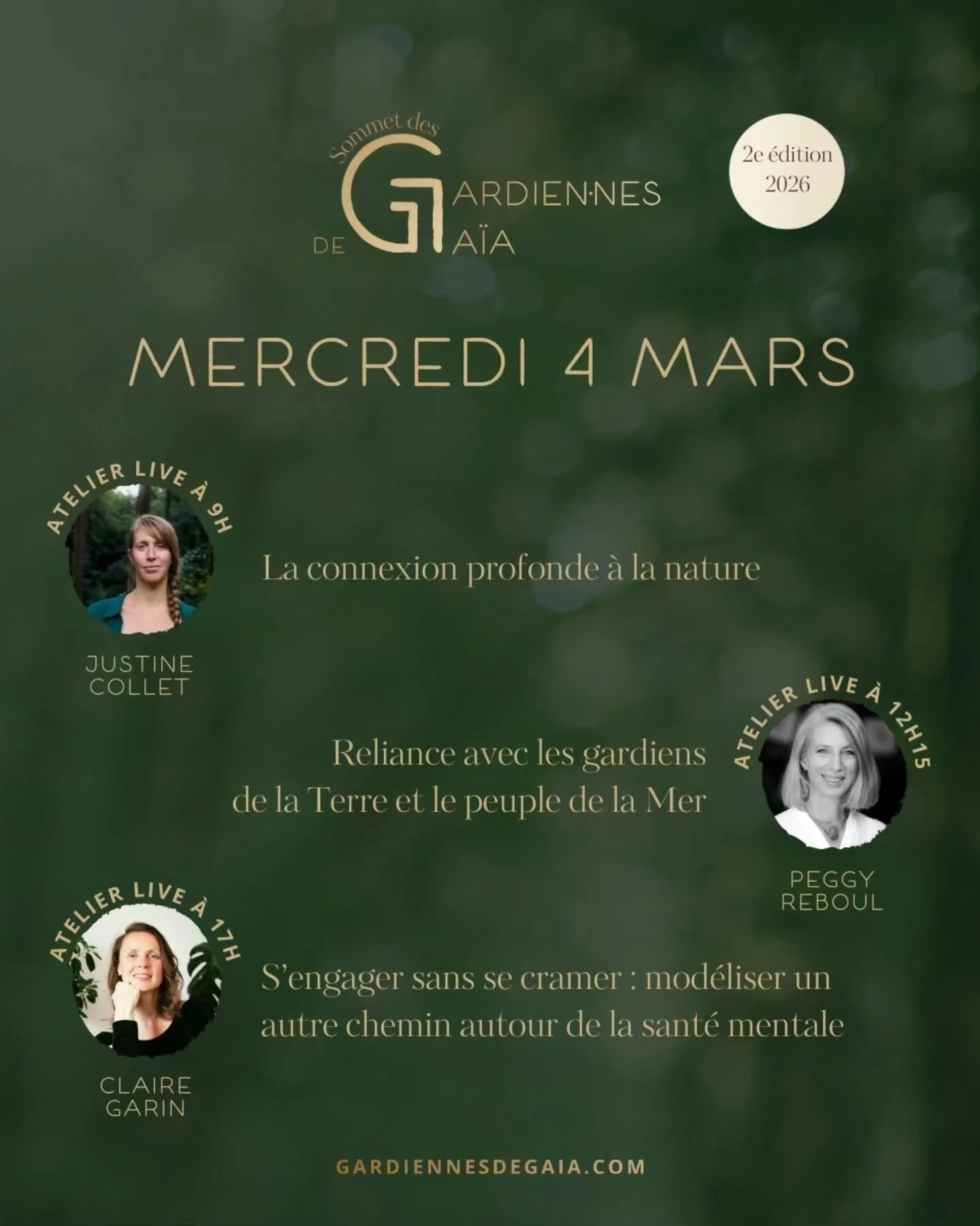 Jour 3 du Sommet des Gardiennes de Ga&iuml;a 🦊

3 ateliers en LIVE :

Justine Collet&nbsp;@grainesdesauvages&nbsp;&agrave; 9h ✨&nbsp;La connexion profonde &agrave; la nature

Peggy Reboul&nbsp;@rhea.communication&nbsp;&agrave; 12h15&nbsp;✨&nbsp;Reli