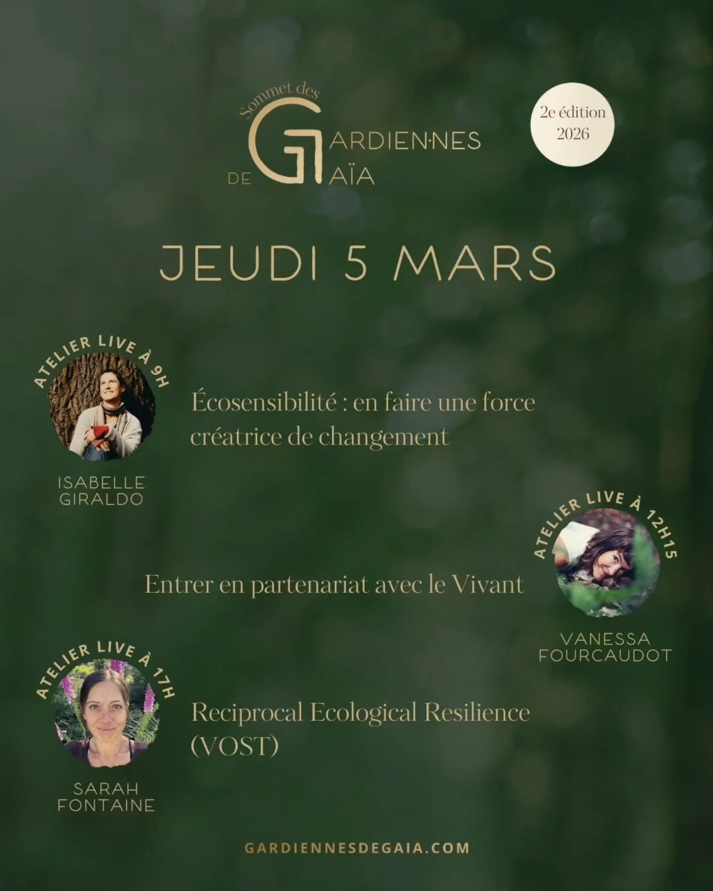 Jour 4 du Sommet des Gardiennes de Ga&iuml;a 🦊

3 ateliers en LIVE :

Isabelle Giraldo&nbsp;@iamisabellegiraldo&nbsp;&agrave; 9h ✨&nbsp;&Eacute;cosensibilit&eacute; : en faire une force cr&eacute;atrice de changement

Vanessa Fourcaudot&nbsp;@lavoix