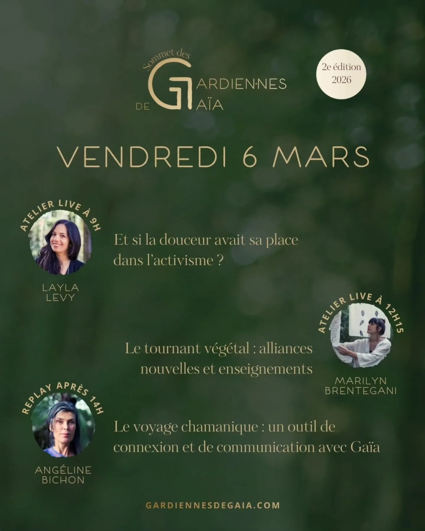 Jour 5 du Sommet des Gardiennes de Ga&iuml;a&nbsp;🦅

2 ateliers en LIVE et 1 REPLAY :

Layla L&eacute;vy&nbsp;@douceur_activiste &agrave; 9h ✨&nbsp;Et si la douceur avait sa place dans l&rsquo;activisme ?

@marilynbrentegani&nbsp;&agrave; 12h15&nbsp