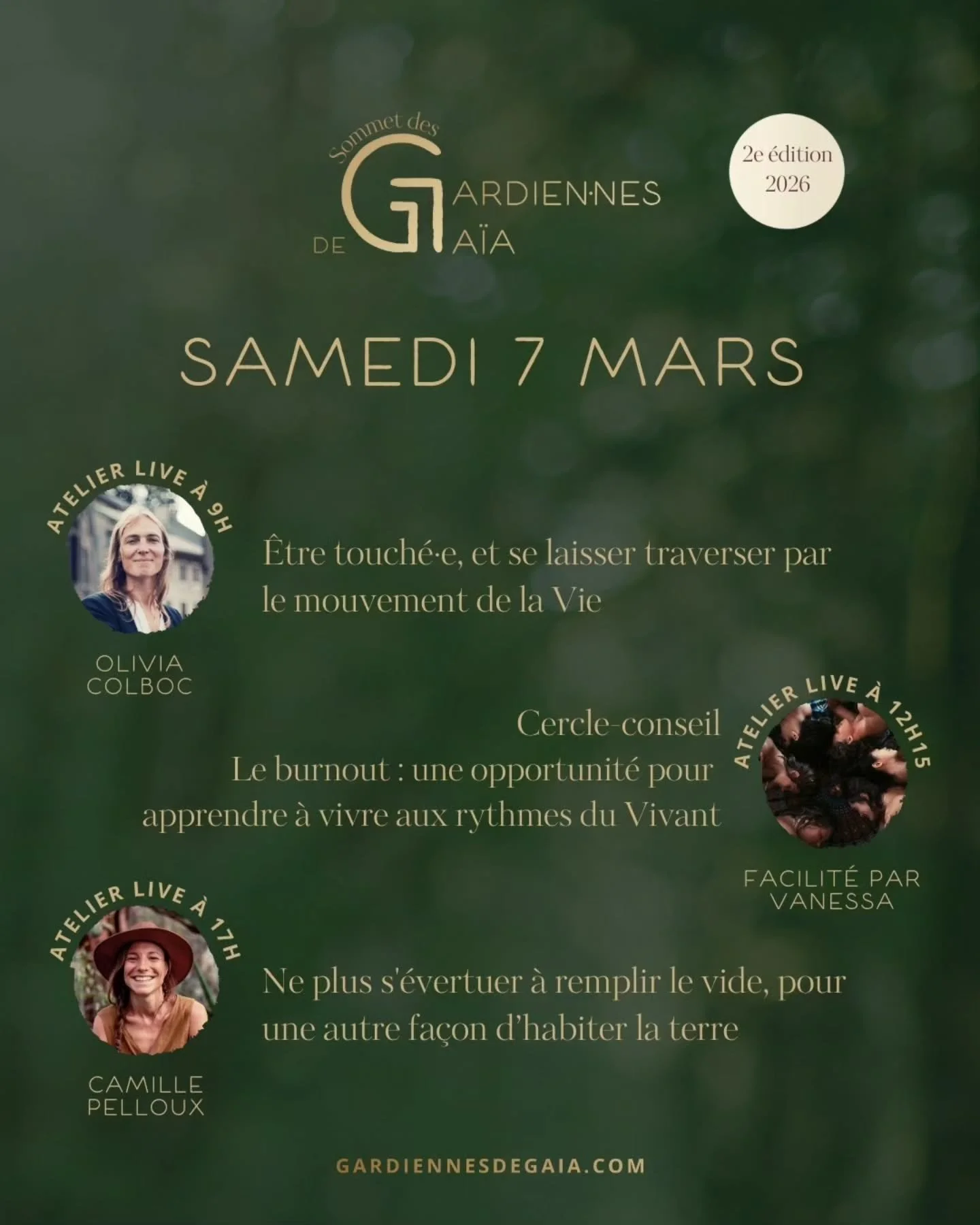 Jour 6 du Sommet des Gardiennes de Ga&iuml;a 🦅

3 ateliers en LIVE, dont 1 concert de piano :

@oliviacolboc &agrave; 9h (concert) ✨ &Ecirc;tre touch&eacute;&middot;e, et se laisser traverser par le mouvement de la Vie

Cercle-conseil facilit&eacute