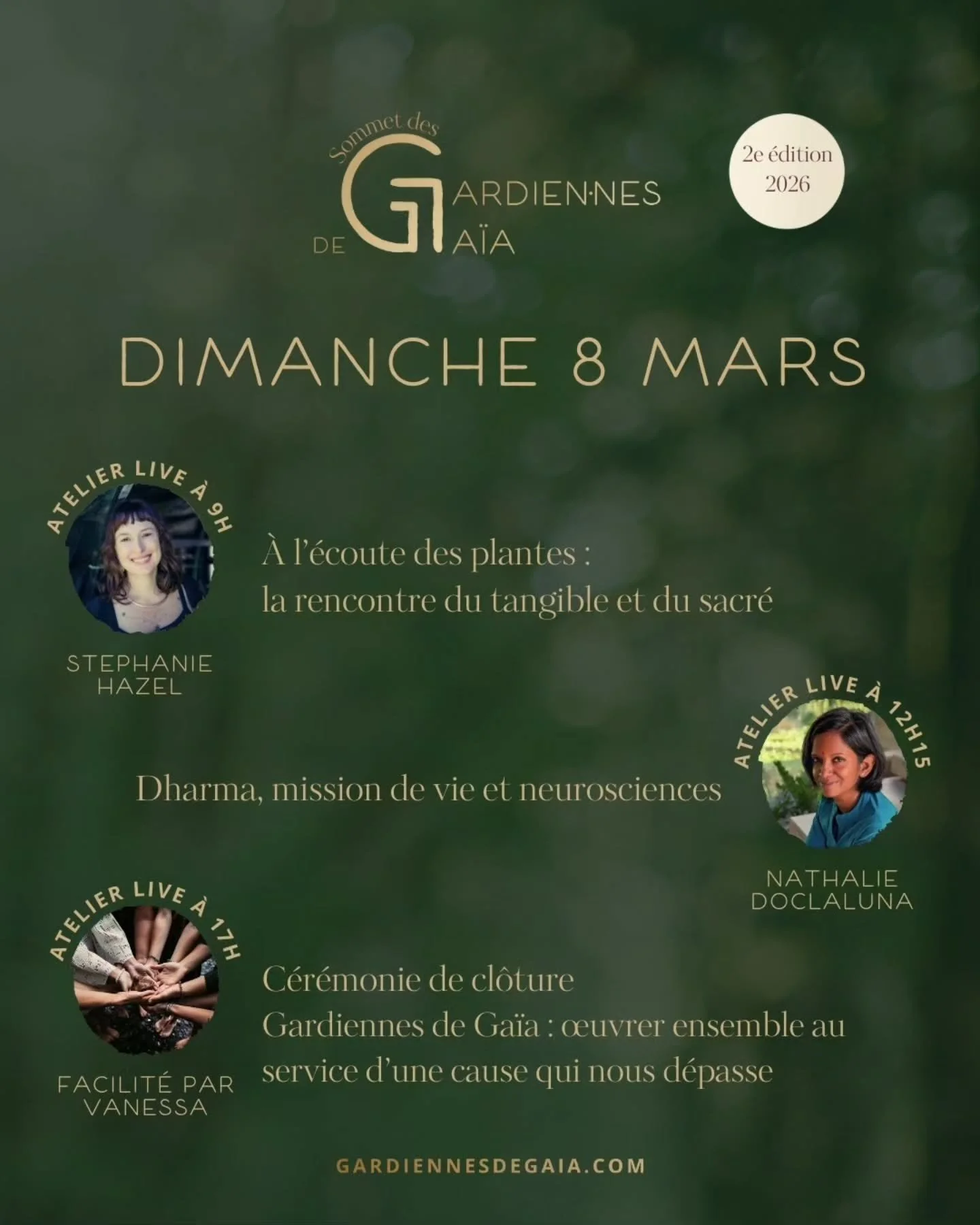 Jour 7 du Sommet des Gardiennes de Ga&iuml;a&nbsp;🌹

3 ateliers en LIVE :

@stephaniehazelherbs&nbsp;&agrave; 9h ✨&nbsp;&Agrave; l&rsquo;&eacute;coute des plantes : la rencontre du tangible et du sacr&eacute;

@nathaliedoclaluna&nbsp;&agrave; 12h15&