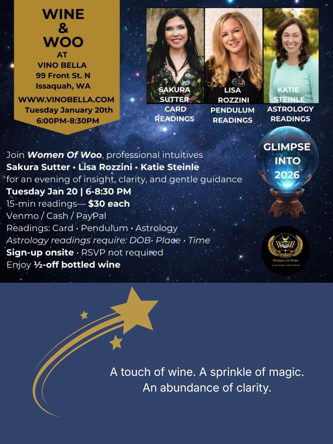 Save the Date: Wine &amp; Woo at Vino Bella ✨

This evening is an invitation not only to ask the questions that have been stirring&mdash;but to receive the messages, insight, and guidance that are ready to meet you. Sometimes clarity arrives not thro