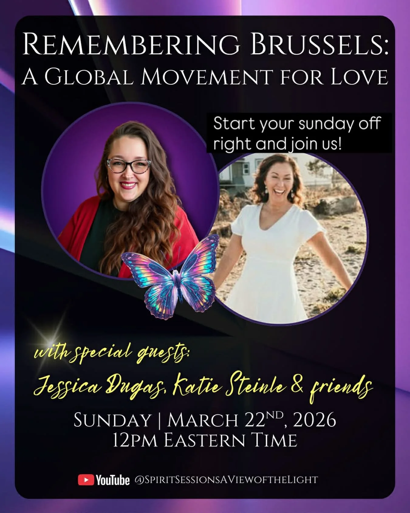 Join us March 22 at noon Eastern on Spirit Sessions: A View of the Light as we honor the 10th anniversary of the Brussels terror attack with the power story of For Love. 

Guest:s:

Jessica S. Dugas, talk show host an author.
Katie Steinle, Quantum B
